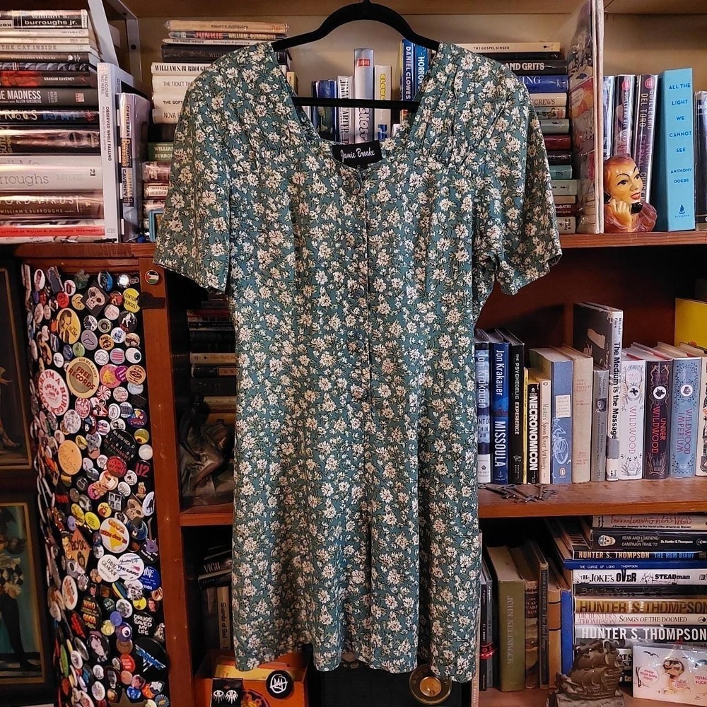 Vintage blue and white button up floral romper.